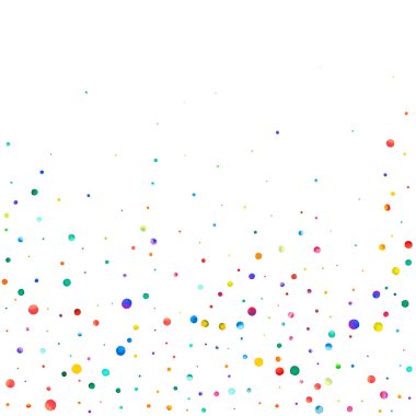 Beyaz arka planda suluboya konfeti. Gerçek gökkuşağı renkli noktalar. Mutlu kare renkli parlak kartlar. Muhteşem bir el boyaması konfeti.