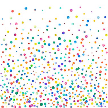 Beyaz arka planda suluboya konfeti. Takdire şayan gökkuşağı renkli noktalar. Mutlu kare renkli parlak kartlar. Nadir bulunan el boyaması konfeti..