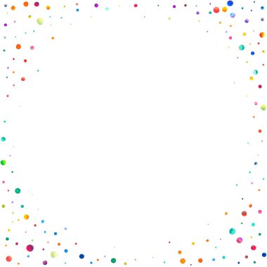 Beyaz arka planda suluboya konfeti. Sevimli gökkuşağı renkli noktalar. Mutlu kare renkli parlak kartlar. Görkemli el boyaması konfeti..