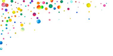 Beyaz arka planda suluboya konfeti. Sevimli gökkuşağı renkli noktalar. Rengarenk parlak kartın kutlu olsun. Lezzetli el boyaması konfeti.