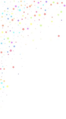 Şenlikli büyük konfeti. Kutlama yıldızları. Beyaz arka planda rastgele seçilmiş renkli yıldızlar. Taze şablon. Dikey vektör arkaplanı.