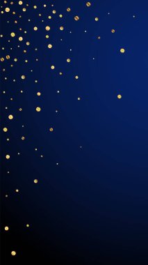 Muhteşem şenlik konfetileri. Kutlama yıldızları. Koyu mavi arka planda nadir bulunan altın konfetileri. Güzel bir şablon. Dikey vektör arkaplanı.