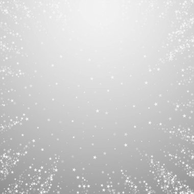 Muhteşem düşen yıldızlar Noel arkaplanı. İnce uçan kar taneleri ve açık gri arka plandaki yıldızlar. İnanılmaz kış gümüşü kar taneleri şablonu örtüyor. İnce vektör illüstrasyonu.
