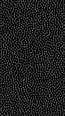 Düşen sayılar, büyük veri konsepti. İkili beyaz düzenli uçuş numaraları. Siyah arka planda eğlenceli fütürist afiş. Düşen sayılarla dijital vektör illüstrasyonu.