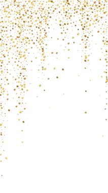 Şenlikli, göz kamaştırıcı konfeti. Kutlama yıldızları. Beyaz arka planda altın konfeti. Büyüleyici şablon şablonu. Dikey vektör arkaplanı.