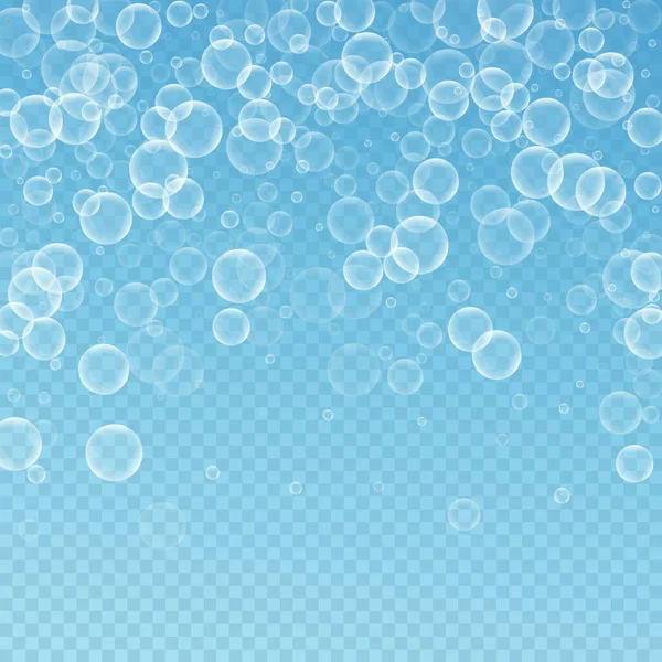 Náhodné Mýdlo Bubliny Abstraktní Pozadí Foukání Bublin Modrém Průhledném Pozadí — Stockový vektor