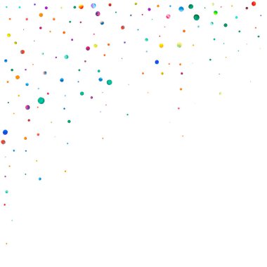 Beyaz arka planda suluboya konfeti. Gerçek gökkuşağı renkli noktalar. Mutlu kare renkli parlak kartlar. Alışılmadık bir el boyaması konfeti.