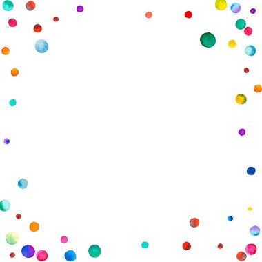 Beyaz arka planda suluboya konfeti. Sevimli gökkuşağı renkli noktalar. Mutlu kare renkli parlak kartlar. Hayal ürünü elle boyanmış konfeti..