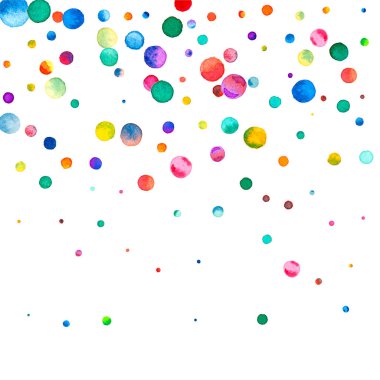 Beyaz arka planda suluboya konfeti. Takdire şayan gökkuşağı renkli noktalar. Mutlu kare renkli parlak kartlar. Olağanüstü bir el boyaması konfeti.