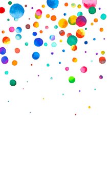 Beyaz arka planda suluboya konfeti. Çekici gökkuşağı renkli noktalar. Mutlu kutlamalar yüksek renkli parlak kart. Sulu elle boyanmış konfeti..