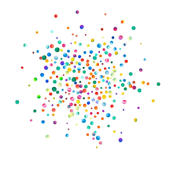 Beyaz arka planda suluboya konfeti. Gerçek gökkuşağı renkli noktalar. Mutlu kare renkli parlak kartlar. Modern el boyalı konfeti..