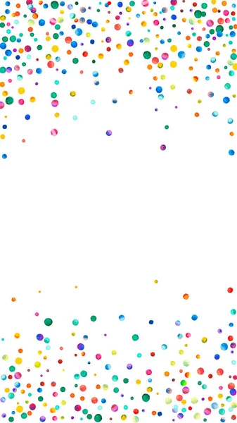 Beyaz arka planda suluboya konfeti. Canlı gökkuşağı renkli noktalar. Mutlu kutlamalar yüksek renkli parlak kart. El boyaması konfeti..