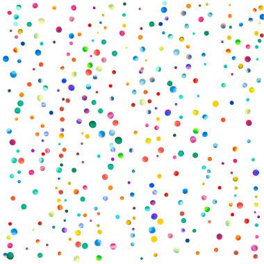 Beyaz arka planda suluboya konfeti. Gerçek gökkuşağı renkli noktalar. Mutlu kare renkli parlak kartlar. Fazladan el boyaması konfeti..