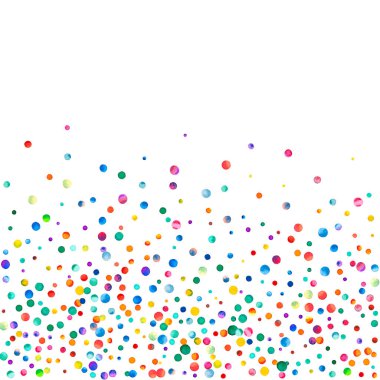 Beyaz arka planda suluboya konfeti. Gerçek gökkuşağı renkli noktalar. Mutlu kare renkli parlak kartlar. Elle boyanmış konfeti..