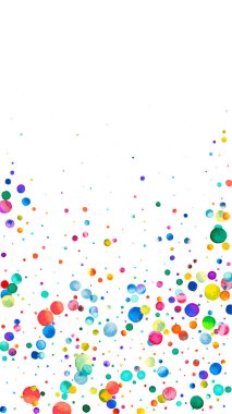 Beyaz arka planda suluboya konfeti. Canlı gökkuşağı renkli noktalar. Mutlu kutlamalar yüksek renkli parlak kart. Müthiş bir el boyaması konfeti..