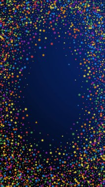 Şenlikli, ezici konfeti. Kutlama yıldızları. Koyu mavi arka planda parlak gökkuşağı yıldızları. Büyüleyici bir şablon. Dikey vektör arkaplanı.