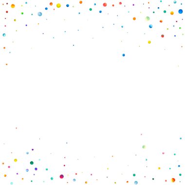 Beyaz arka planda suluboya konfeti. Gerçek gökkuşağı renkli noktalar. Mutlu kare renkli parlak kartlar. Muhteşem bir el boyaması konfeti.