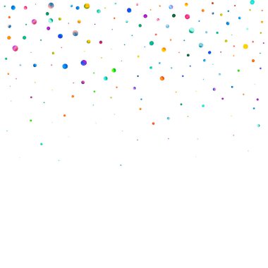 Beyaz arka planda suluboya konfeti. Takdire şayan gökkuşağı renkli noktalar. Mutlu kare renkli parlak kartlar. Elle boyanmış konfeti..