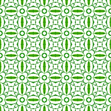 Yeşil geometrik sembolün suluboya sınırı. Yeşil boho şık yaz tasarımı. Sembol suluboya deseni. Tekstil hazır baskı, mayo kumaş, duvar kağıdı, ambalaj..