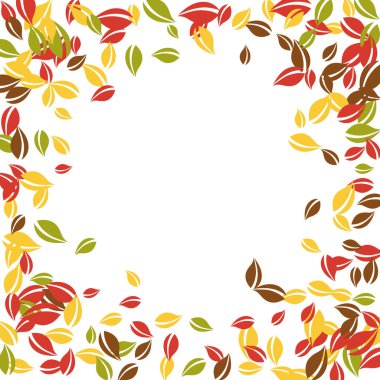 Sonbahar yaprakları dökülüyor. Kırmızı, sarı, yeşil, kaotik yapraklar uçuşuyor. Büyük beyaz arka planda Vignette renkli yapraklar. Okul satışına geri dönmek harika..