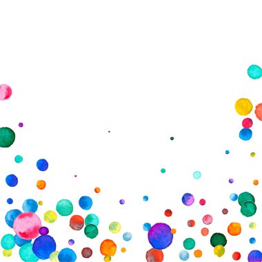 Beyaz arka planda suluboya konfeti. Gerçek gökkuşağı renkli noktalar. Mutlu kare renkli parlak kartlar. El boyaması konfeti..