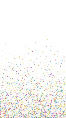 Şenlikli değerli konfeti. Kutlama yıldızları. Beyaz arka planda çocuksu parlak yıldızlar. Büyük şablon şablonu. Dikey vektör arkaplanı.