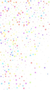 Şenlikli, havalı konfeti. Kutlama yıldızları. Beyaz arka planda rastgele seçilmiş renkli yıldızlar. Büyük şablon şablonu. Dikey vektör arkaplanı.