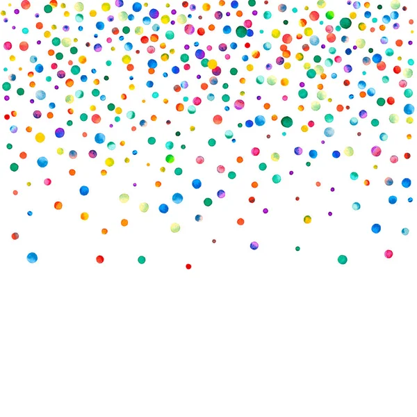 Beyaz arka planda suluboya konfeti. Takdire şayan gökkuşağı renkli noktalar. Mutlu kare renkli parlak kartlar. Muhteşem el boyaması konfeti..