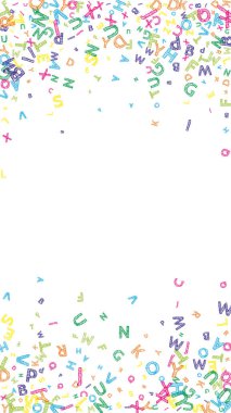 İngilizce 'nin harfleri düşüyor. Latin alfabesinin renkli, dağınık, uçan kelimeleri. Yabancı diller öğrenim kavramı. Beyaz arkaplandaki okul afişine inanılmaz.