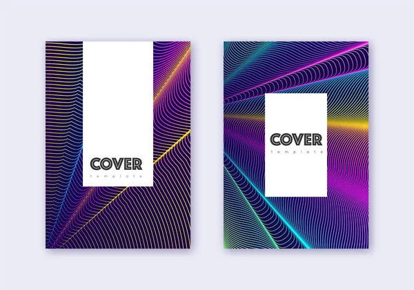 Hipster Cover Design Vorlagen Set Regenbogen Abstrakte Linien Auf Dunkelblauem — Stockvektor