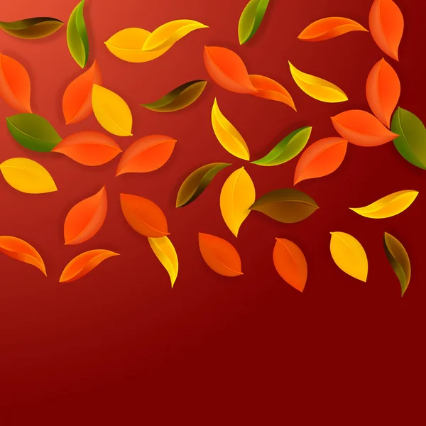 秋の紅葉 茶色のきれいな葉が飛んでいます 魅力的な赤の背景にグラデーションカラフルな葉 学校の販売に息を吹き返す — ストックベクタ