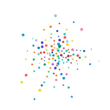 Beyaz arka planda suluboya konfeti. Gerçek gökkuşağı renkli noktalar. Mutlu kare renkli parlak kartlar. Olağanüstü bir el boyaması konfeti.