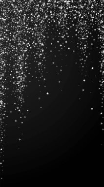 Muhteşem düşen yıldızlar Noel arkaplanı. İnce uçan kar taneleri ve siyah arka plandaki yıldızlar. Canlı canlı gümüş kar tanesi şablonu. Dikey illüstrasyon eğilimi.