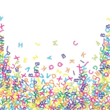 İngilizce 'nin harfleri düşüyor. Latin alfabesinin renkli çizimleri. Yabancı diller öğrenim kavramı. Beyaz arkaplandaki okul afişine nazikçe geri dön.