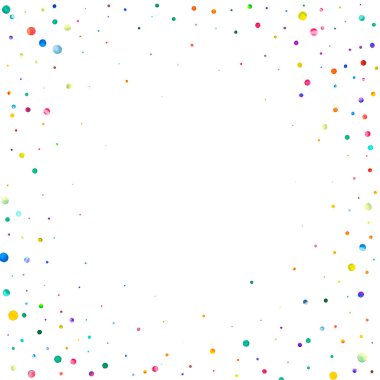 Beyaz arka planda suluboya konfeti. Sevimli gökkuşağı renkli noktalar. Mutlu kare renkli parlak kartlar. Olağanüstü bir el boyaması konfeti.