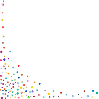 Beyaz arka planda suluboya konfeti. Gerçek gökkuşağı renkli noktalar. Mutlu kare renkli parlak kartlar. Cesur el boyaması konfeti.