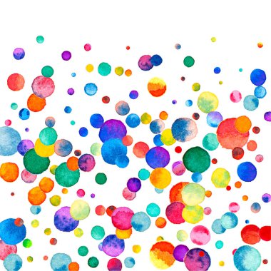 Beyaz arka planda suluboya konfeti. Takdire şayan gökkuşağı renkli noktalar. Mutlu kare renkli parlak kartlar. Bunaltıcı bir el boyası konfeti.