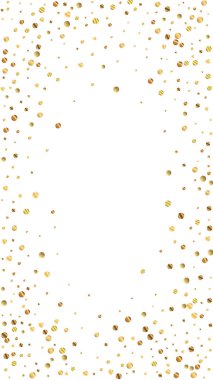 Şenlikli değerli konfeti. Kutlama yıldızları. Beyaz arka planda seyrek altın konfeti. Büyüleyici bir şablon. Dikey vektör arkaplanı.