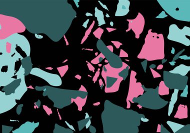 Terrazzo modern soyut şablon. Klasik İtalyan döşemesinin siyah, yeşil ve pembe dokusu. Taşlardan, granitten, kuvarstan, mermerden, betondan yapılmış arka plan. Venedik terrazzo trend vektör arkaplanı