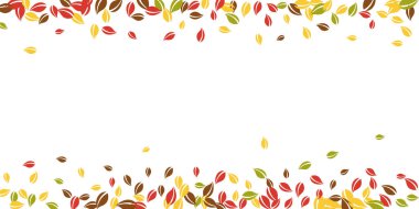 Sonbahar yaprakları dökülüyor. Kırmızı, sarı, yeşil, kaotik yapraklar uçuşuyor. Layık beyaz arka planda kenarları renkli yeşillikler. Okul satışına geri dönmek harika..