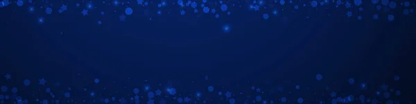 魔法の星はクリスマスの背景を疎かにする 濃い青の背景に小さな空飛ぶ雪のフレークと星 奇妙な冬の銀の雪の結晶オーバーレイテンプレート 印象的なパノラマイラスト — ストックベクタ
