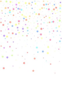 Şenlikli çarpıcı konfeti. Kutlama yıldızları. Beyaz arka planda rastgele seçilmiş renkli yıldızlar. Büyük şablon şablonu. Dikey vektör arkaplanı.