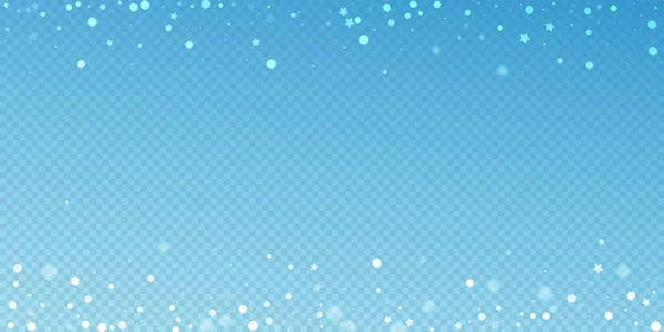 魔法の星ランダムクリスマスの背景 青い透明な背景の上に小さな飛行雪のフレークと星 冬の銀雪の結晶オーバーレイテンプレートを楽しんでいます 珍しいベクトルイラスト — ストックベクタ