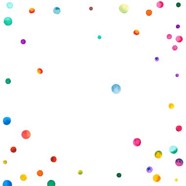 Beyaz arka planda suluboya konfeti. Takdire şayan gökkuşağı renkli noktalar. Mutlu kare renkli parlak kartlar. Hayal ürünü elle boyanmış konfeti..