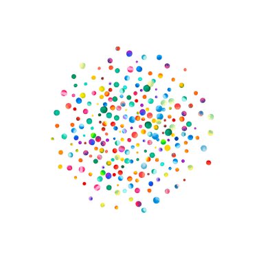 Beyaz arka planda suluboya konfeti. Gerçek gökkuşağı renkli noktalar. Mutlu kare renkli parlak kartlar. Sevimli el boyalı konfeti..