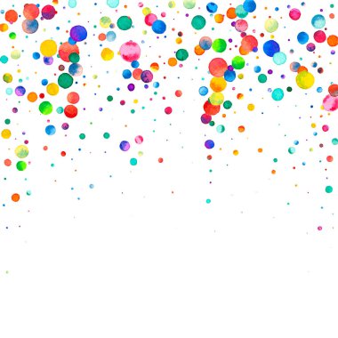 Beyaz arka planda suluboya konfeti. Gerçek gökkuşağı renkli noktalar. Mutlu kare renkli parlak kartlar. Kusursuz el boyaması konfeti.