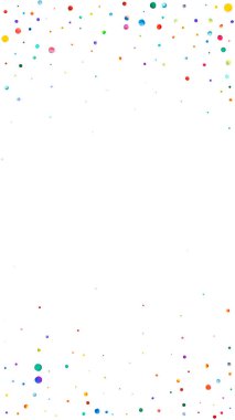 Beyaz arka planda suluboya konfeti. Canlı gökkuşağı renkli noktalar. Mutlu kutlamalar yüksek renkli parlak kart. Güzel el boyaması konfeti..