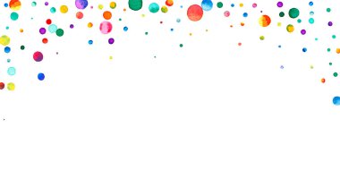 Beyaz arka planda suluboya konfeti. Sevimli gökkuşağı renkli noktalar. Rengarenk parlak kartın kutlu olsun. Muhteşem bir el boyaması konfeti.