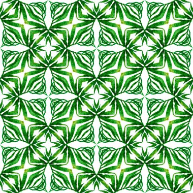 Tekstil hazır muhteşem baskı, mayo kumaş, duvar kağıdı, ambalaj. Yeşil sıradışı boho şık yaz tasarımı. Yeşil geometrik sembolün suluboya sınırı. Sembol suluboya deseni.