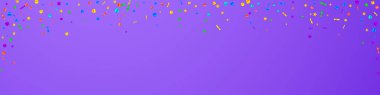 Şenlikli, büyüleyici konfeti. Kutlama yıldızları. Mor arka planda şenlikli konfeti. Canlı canlı kaplama şablonu. Panoramik vektör arkaplanı.